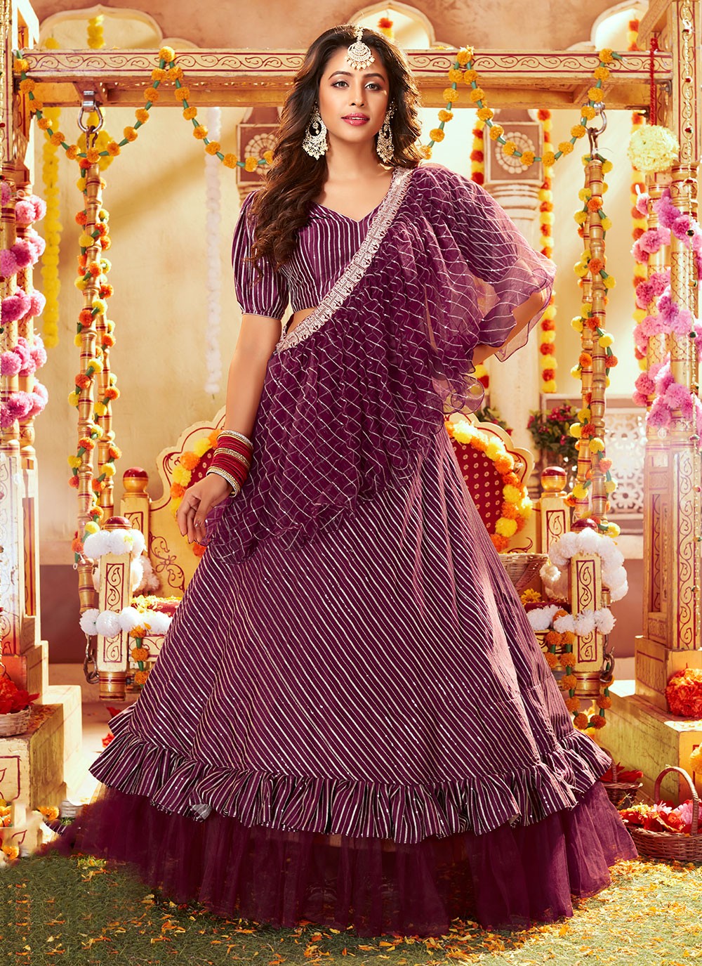 Purple Sequins Layered Lehenga Choli