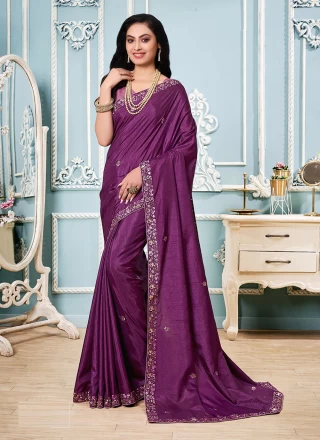 Purple Vichitra Silk Embroidered Trendy Saree