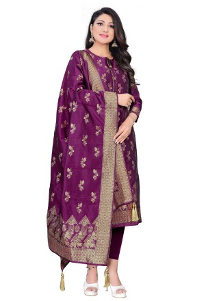Purple Weaving Jacquard Designer Straight Salwar Suit
