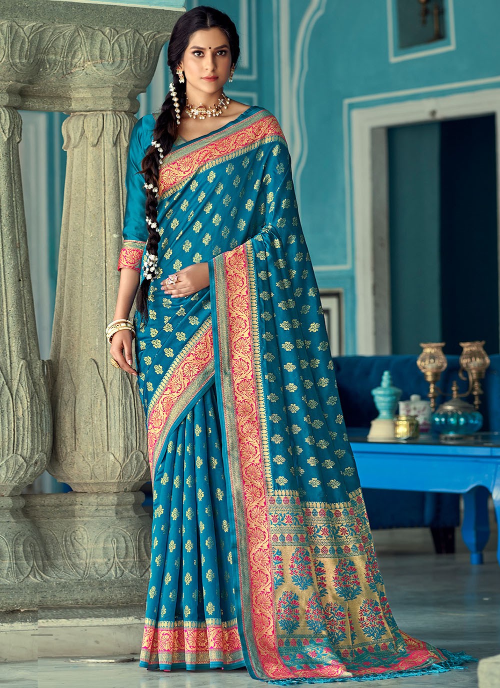 Rama Color Traditional Designer Saree