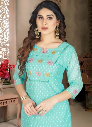 Aqua Blue Kashmiri Chanderi Silk Readymade Salwar Suit