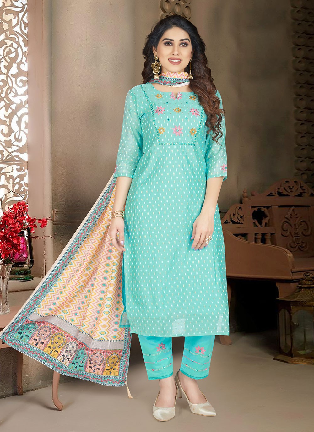 Shop Online Rama Kashmiri Chanderi Silk Readymade Salwar Suit : EMBROIDERY SUITS DESIGN