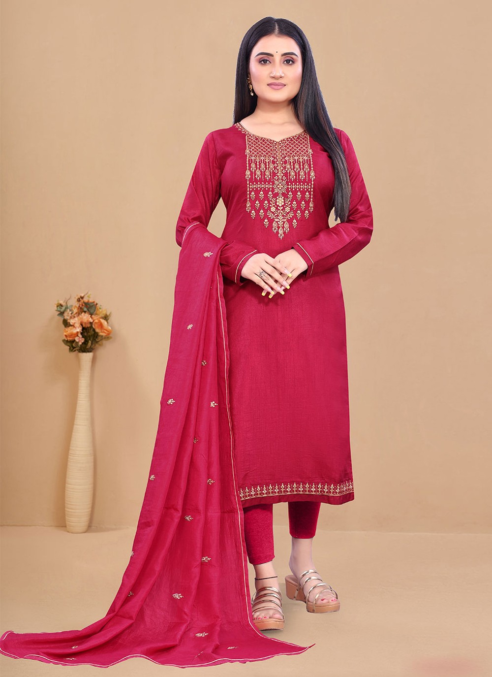 Rani Silk Embroidered Salwar Suit