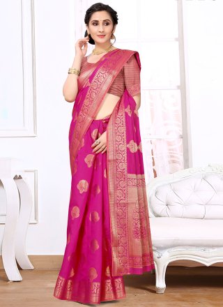 Raw Silk Designer Traditional Saree in Rani