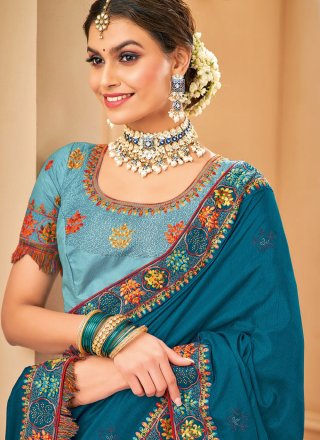 Raw Silk Embroidered Blue Classic Saree