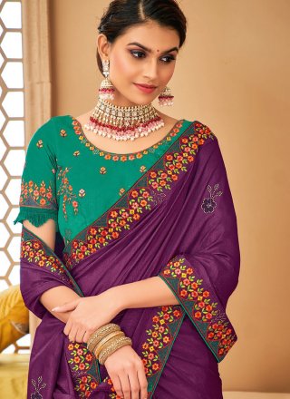 Raw Silk Embroidered Purple Trendy Saree