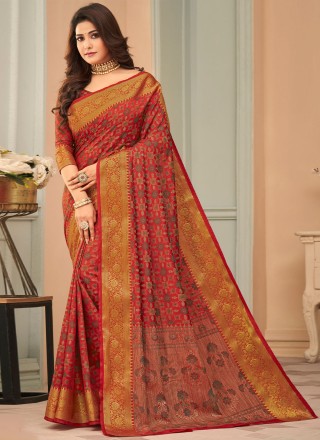 Raw Silk Weaving Red Classic Saree