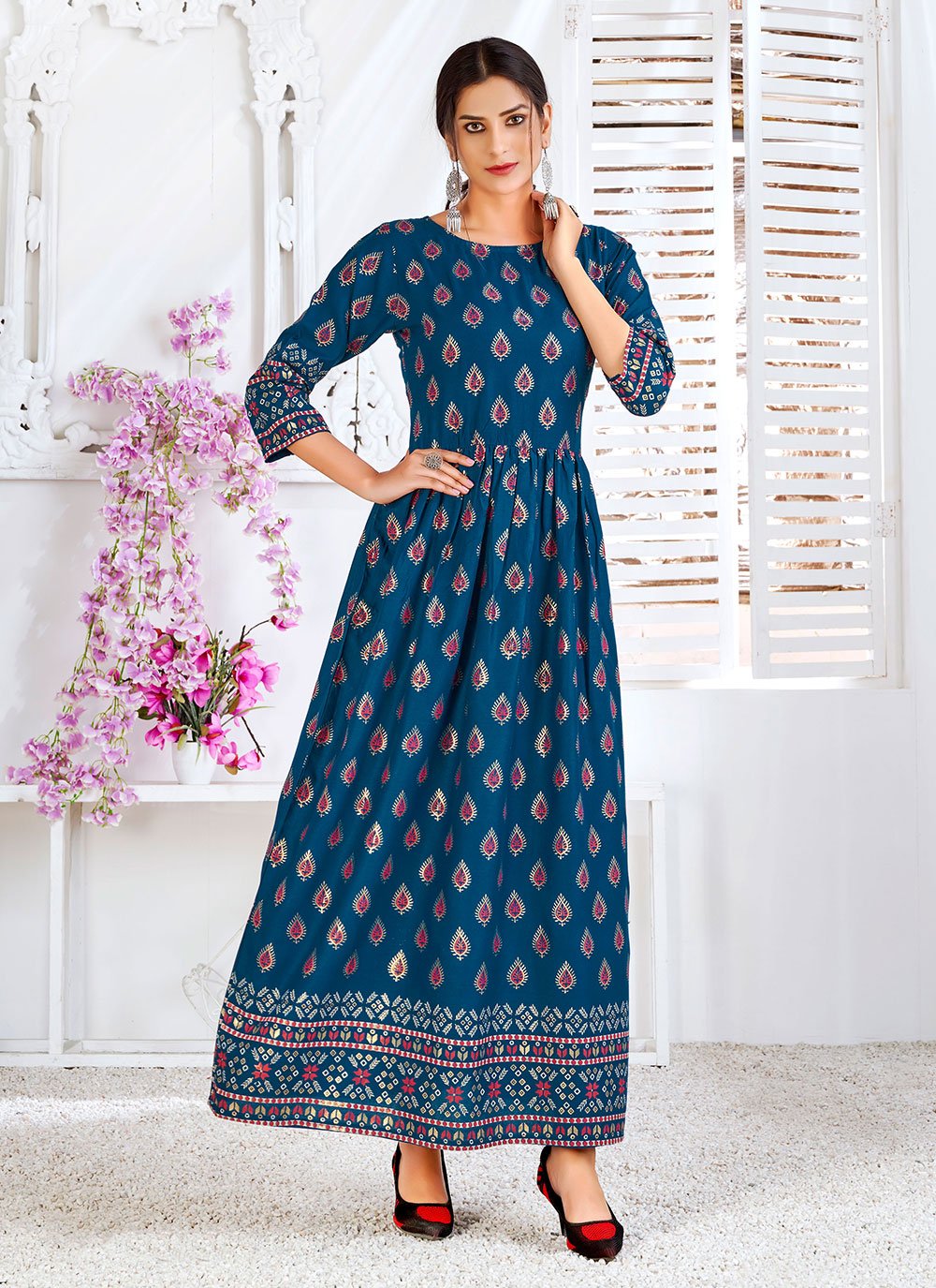 Rayon Blue Foil Print Readymade Designer Gown