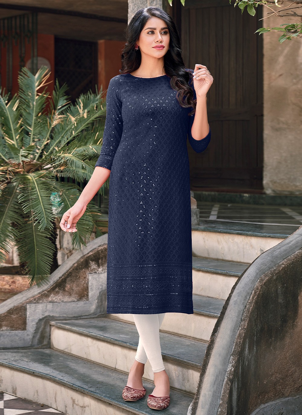 American Crepe And Rasal Net 34th Sleeves Navy Blue Kurti 45Inches