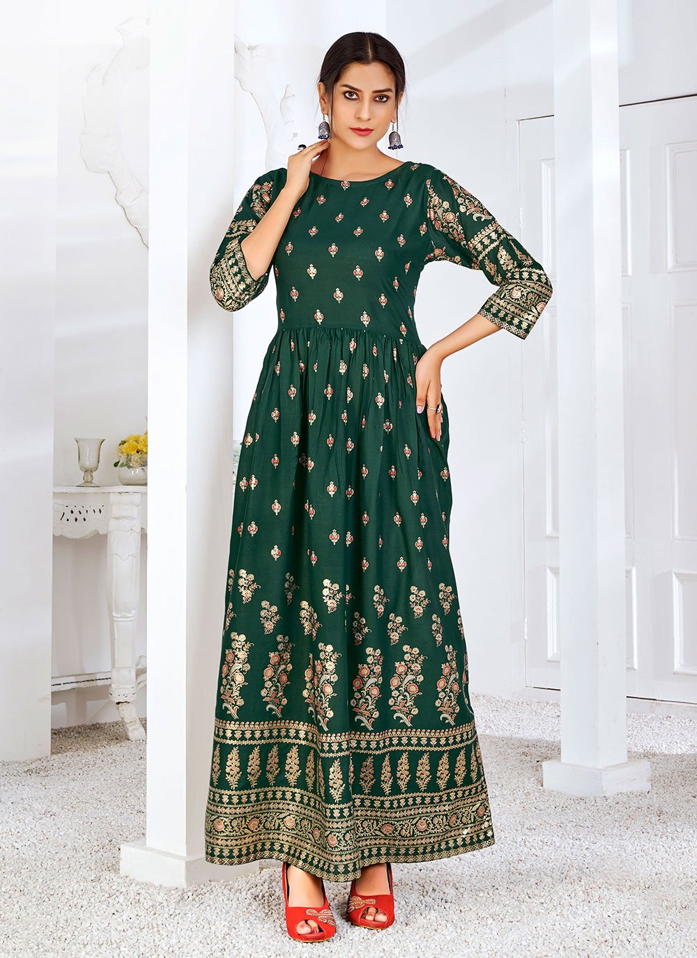 Rayon Foil Print Green Readymade Gown