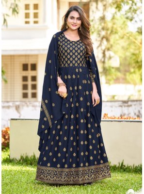 Rayon Foil Print Readymade Anarkali Salwar Suit in Blue