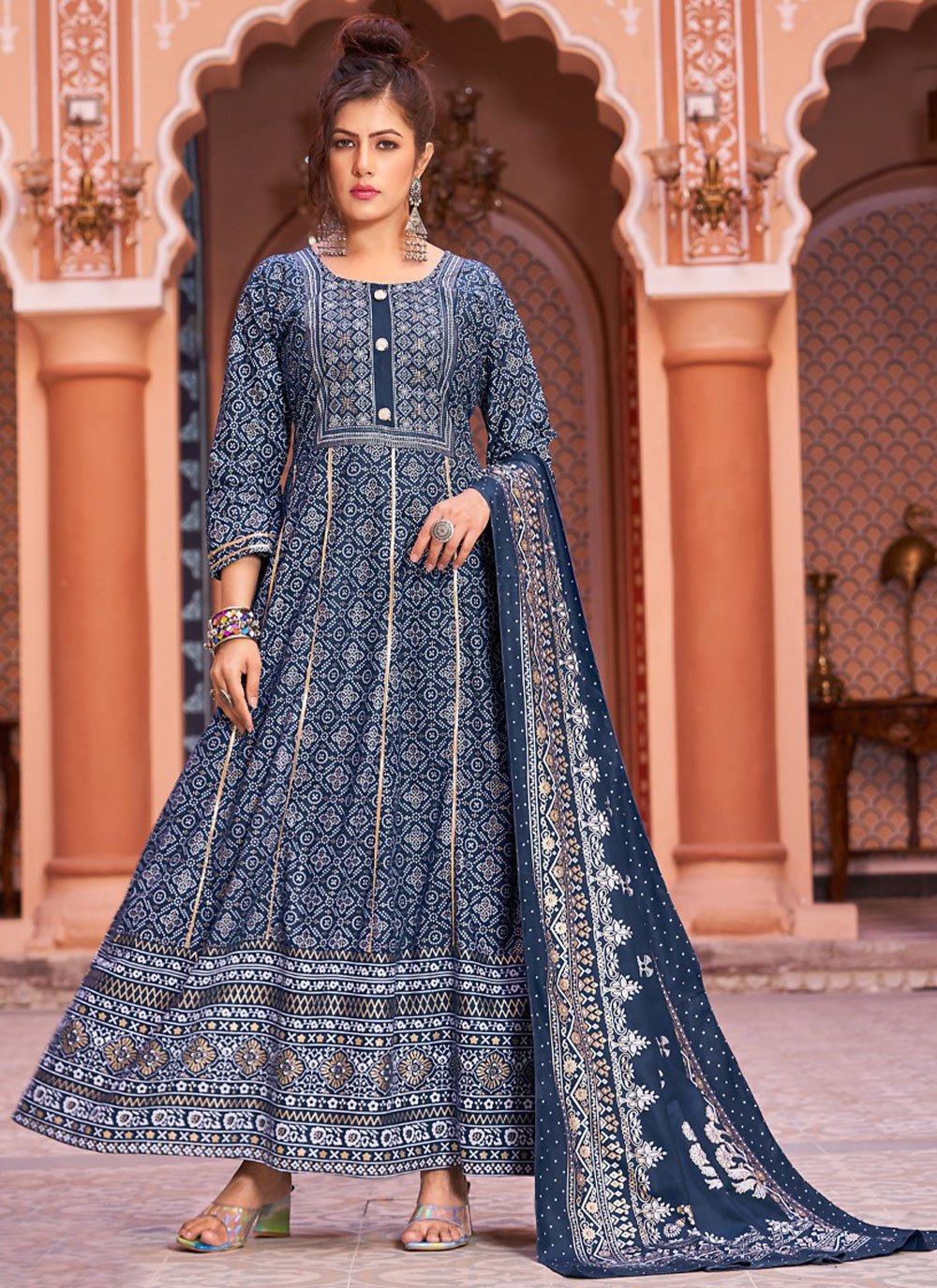 Rayon Navy Blue Readymade Gown