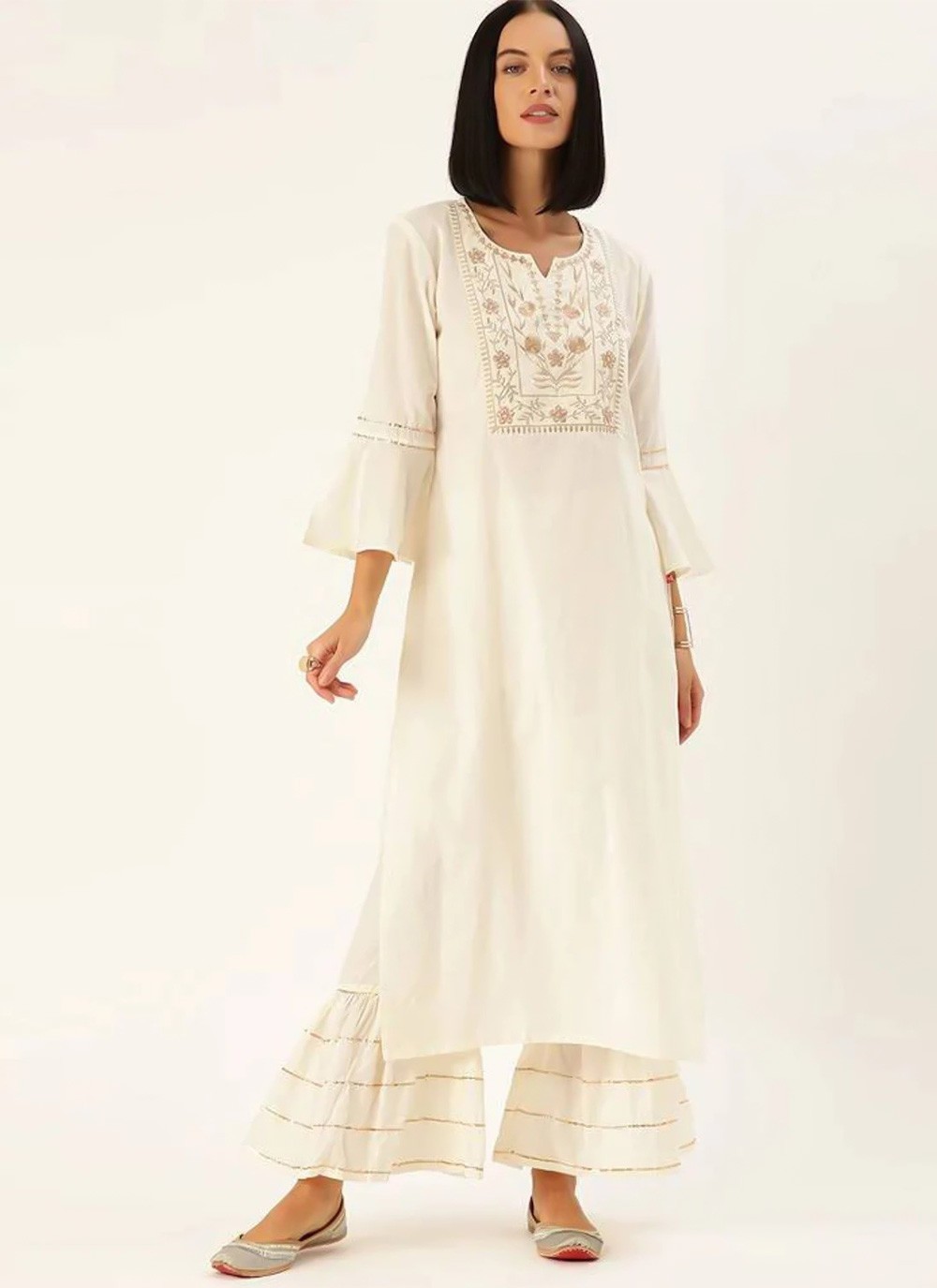 Rayon Off White Embroidered Casual Kurti