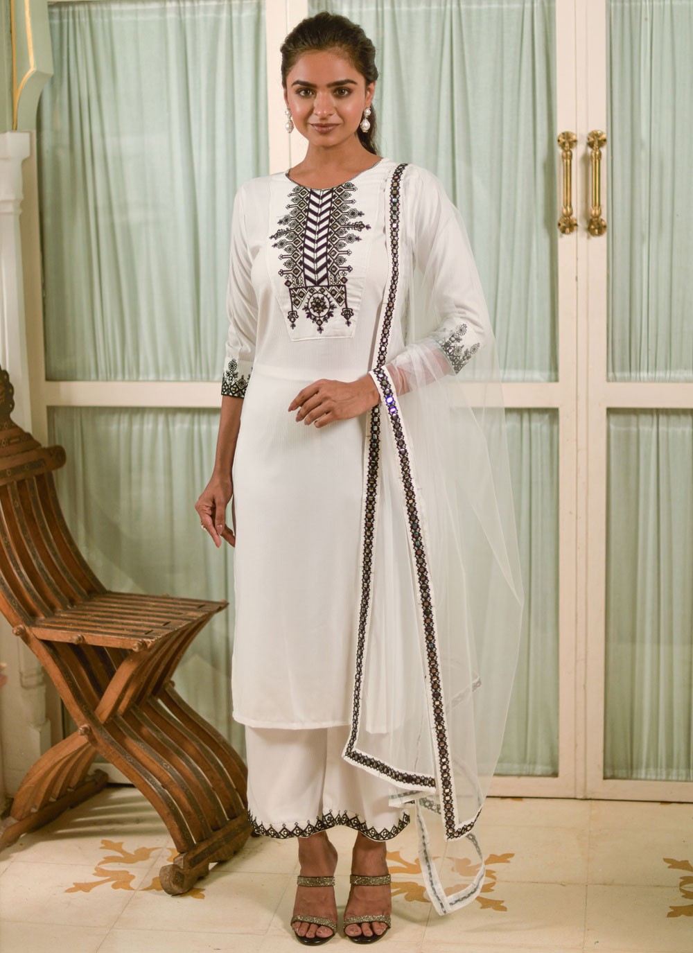 Rayon Off White Embroidered Salwar Suit