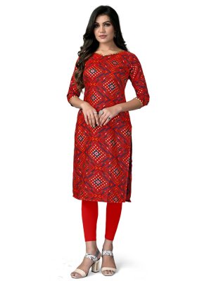 Rayon Party Wear Kurti in Red