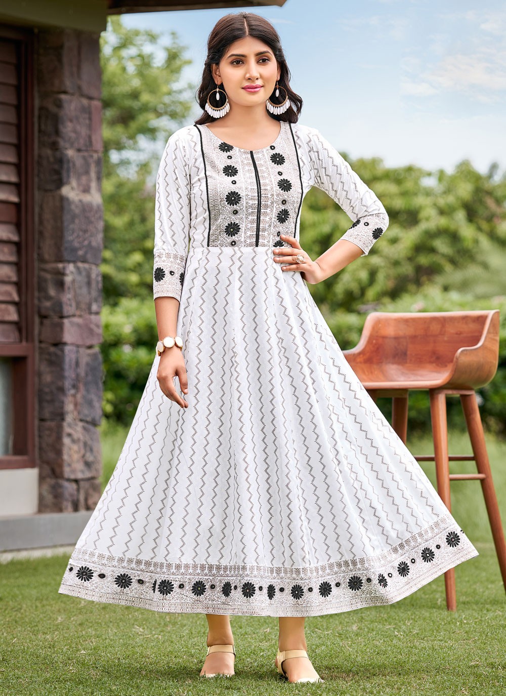 Rayon Printed Trendy Gown in White