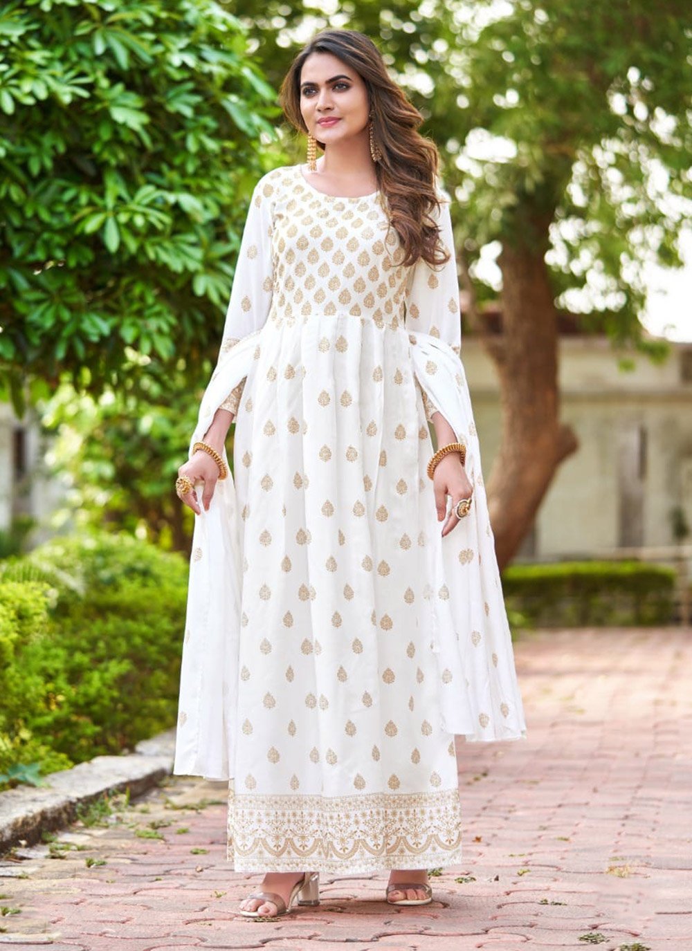 Rayon Readymade Anarkali Salwar Suit in White