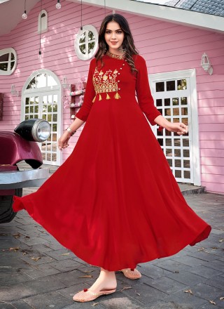 Rayon Red Embroidered Party Wear Kurti