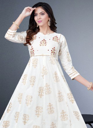 Rayon White Foil Print Designer Gown