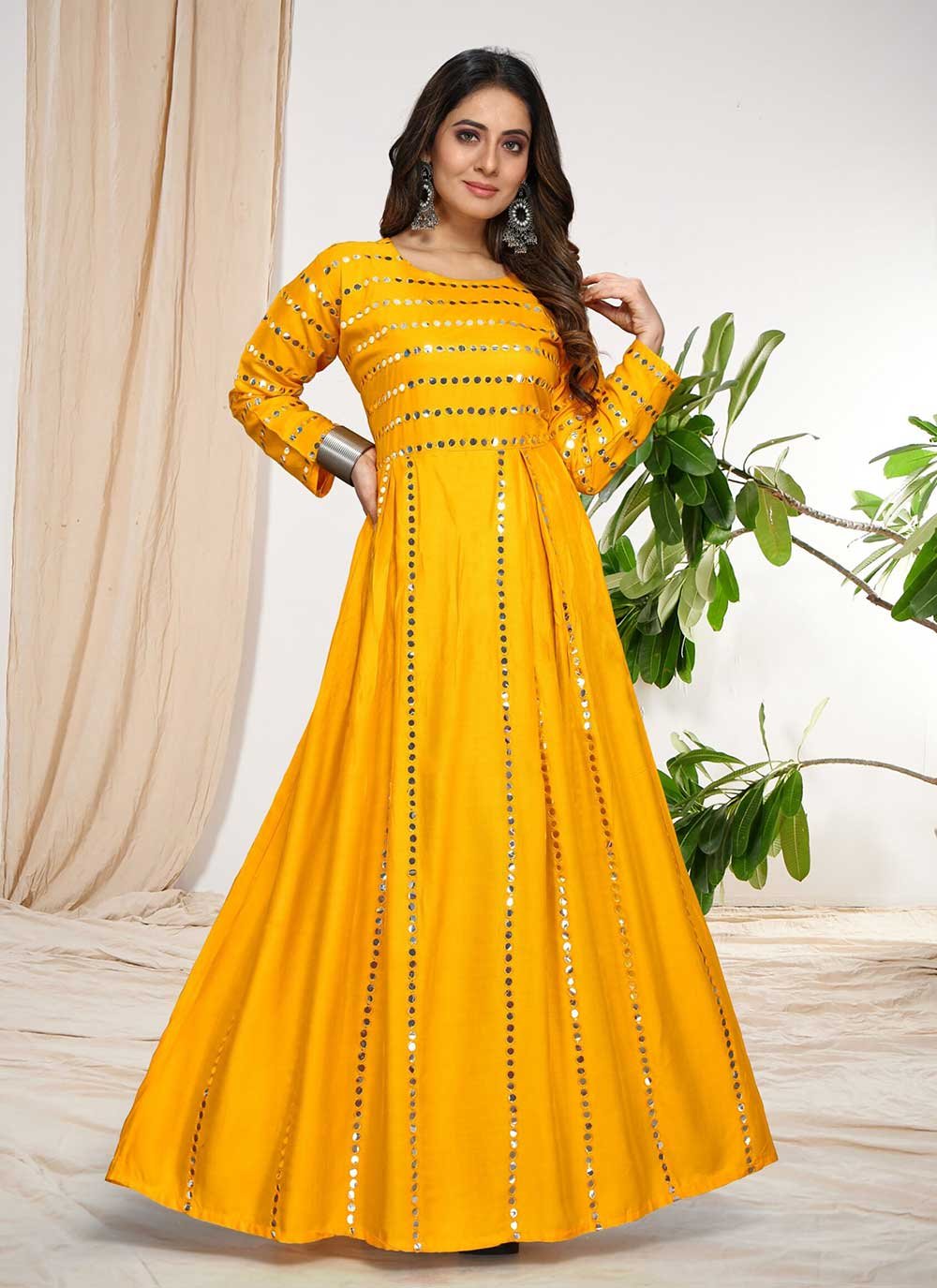 Rayon Yellow Aari Floor Length Trendy Gown
