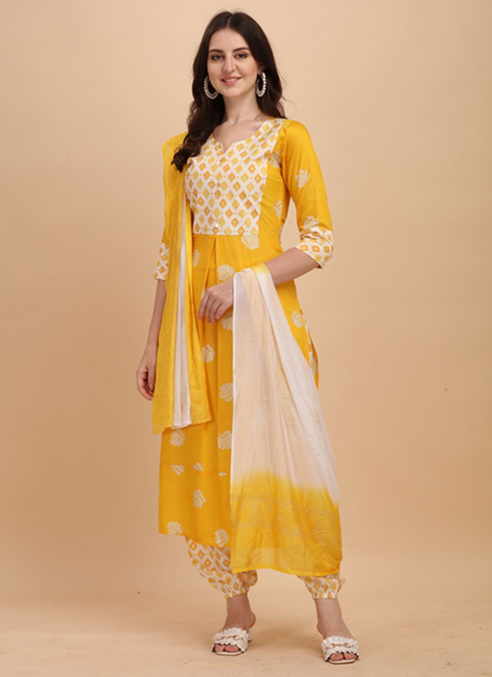Rayon Yellow Readymade Salwar Suit