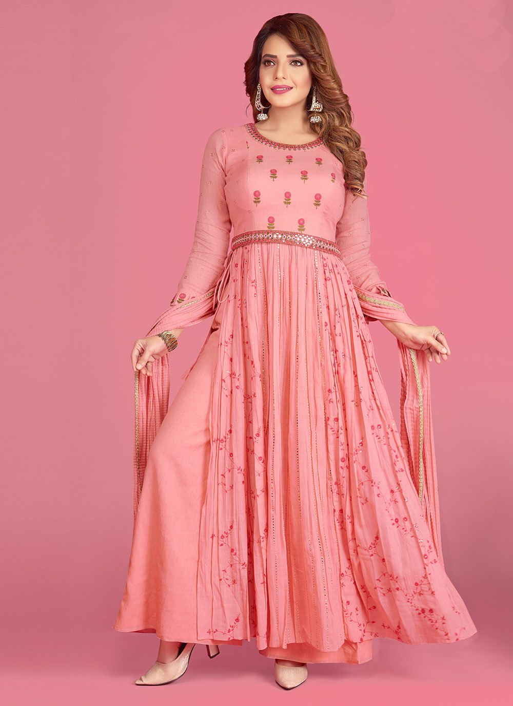 Readymade Anarkali Salwar Suit Embroidered Cotton in Pink