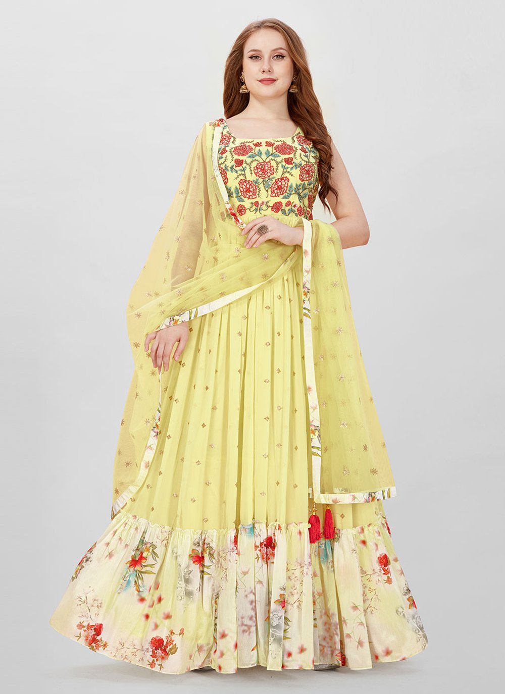 Readymade Gown Handwork Faux Georgette in Yellow