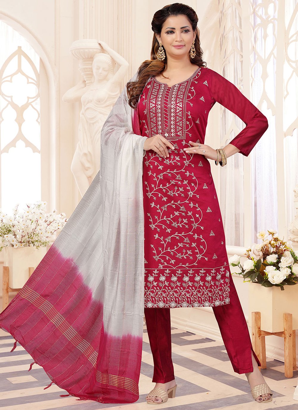 Readymade Salwar Suit Embroidered Art Silk in Red