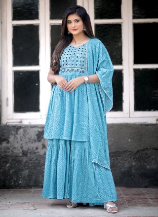 Readymade Salwar Suit Embroidered Cotton in Aqua Blue