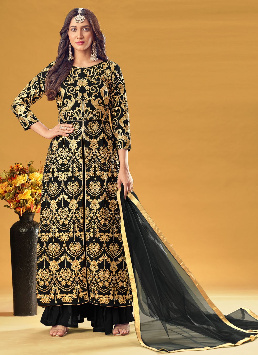 Readymade Salwar Suit Embroidered Georgette in Black
