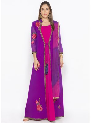 Readymade Suit Embroidered Georgette in Hot Pink and Purple