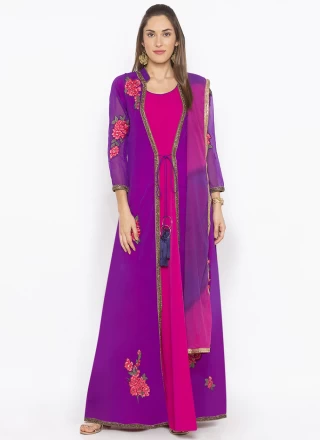 Readymade Suit Embroidered Georgette in Hot Pink and Purple