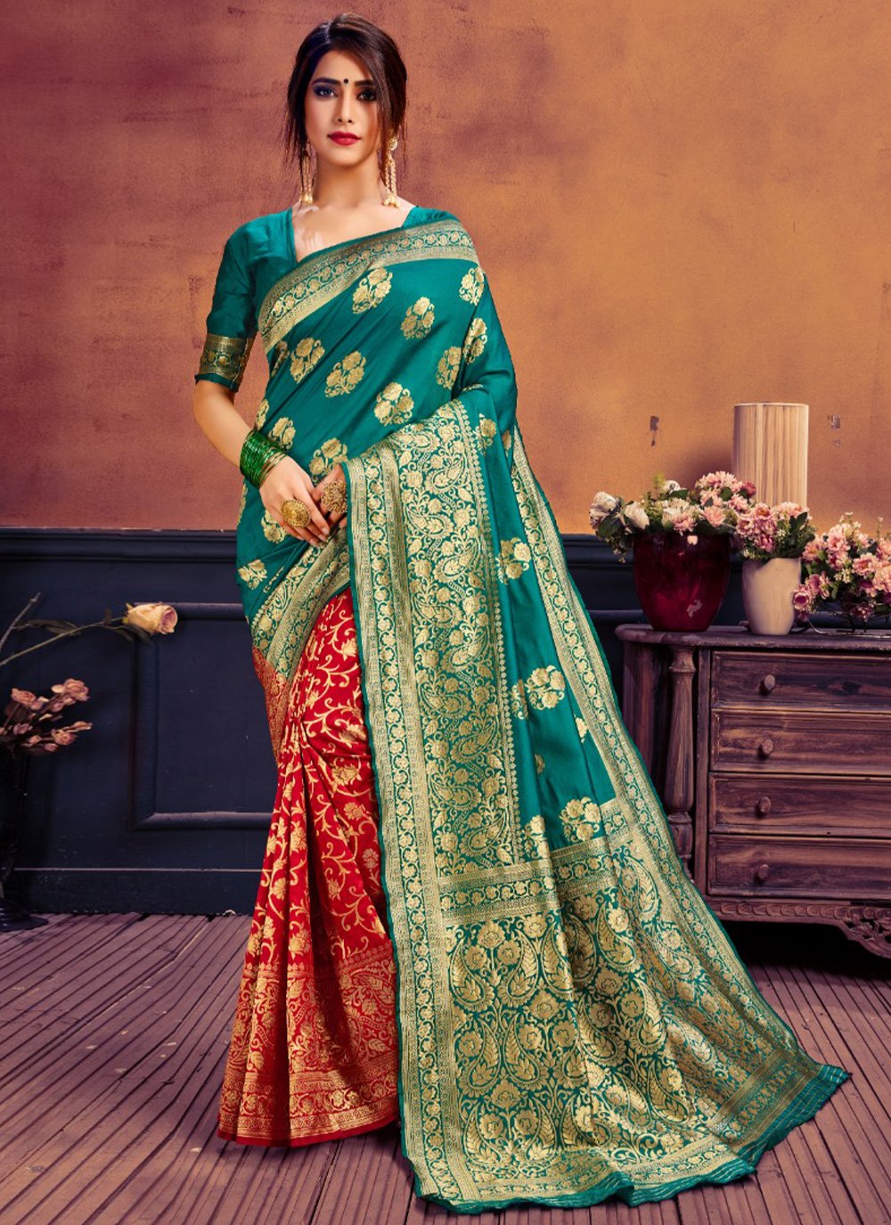 Red and Sea Green Banarasi Silk Shaded Saree