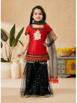 Red Art Silk Patchwork Sharara Set