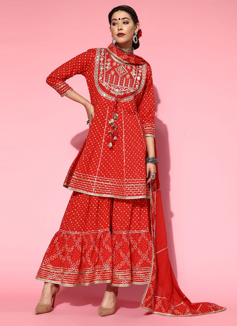 Red Blended Cotton Festival Designer Palazzo Salwar Suit