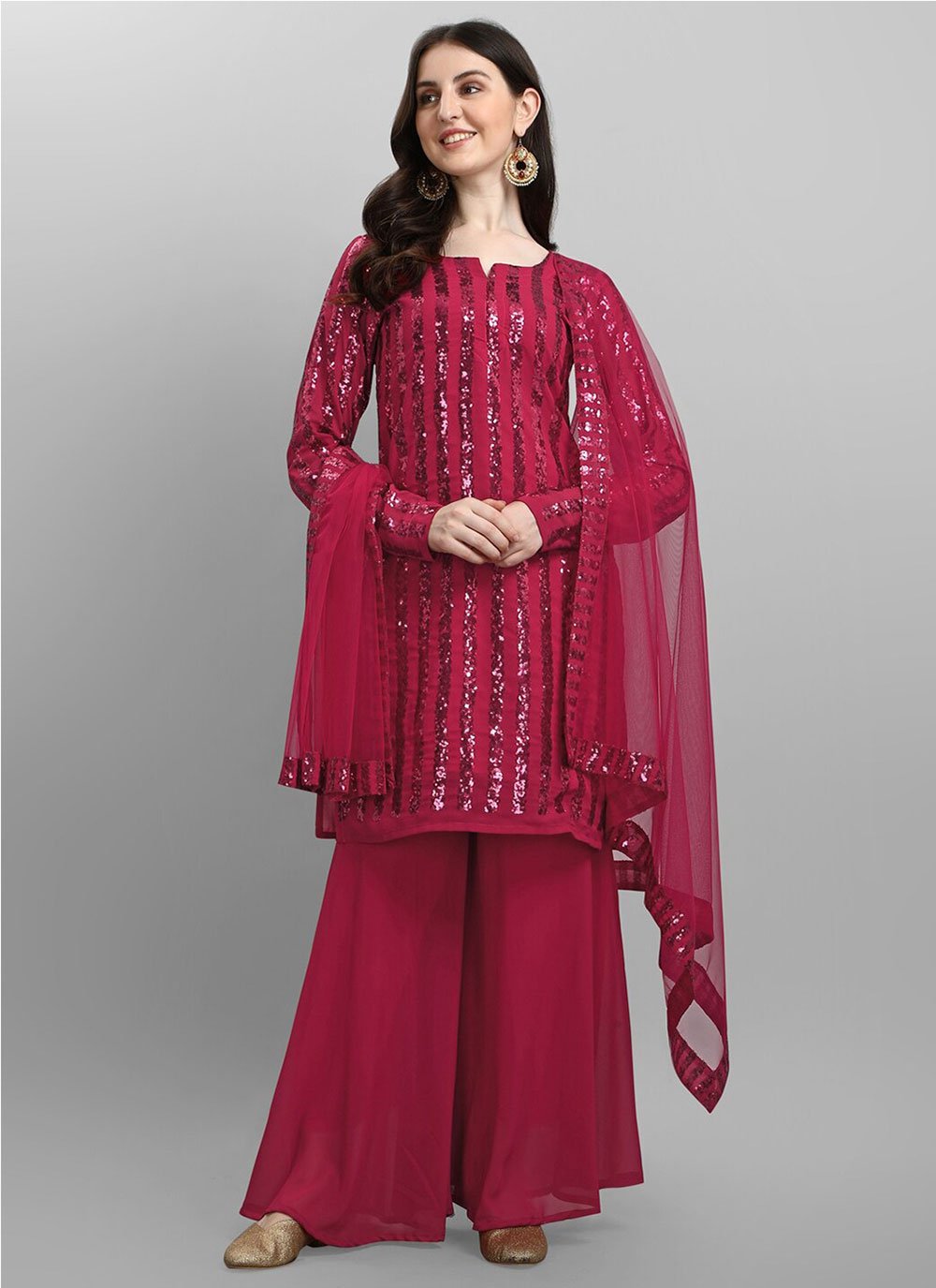 Red Ceremonial Faux Georgette Trendy Salwar Suit