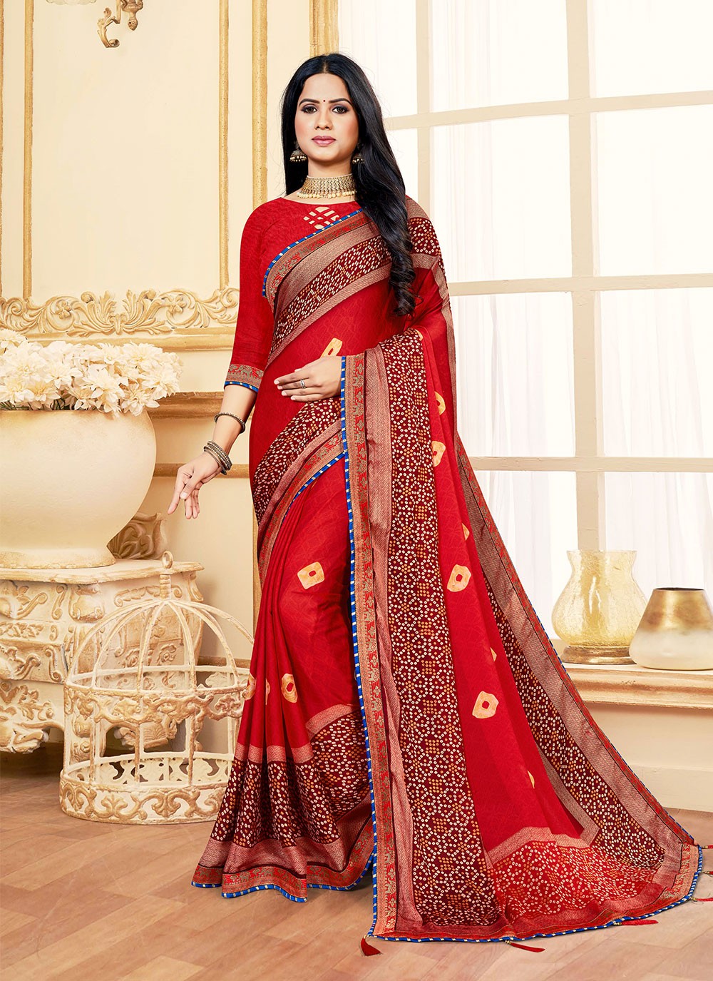 Ready To Wear Red Bandhani Print Saree With Hand Embroidered Blouse -  SA00806