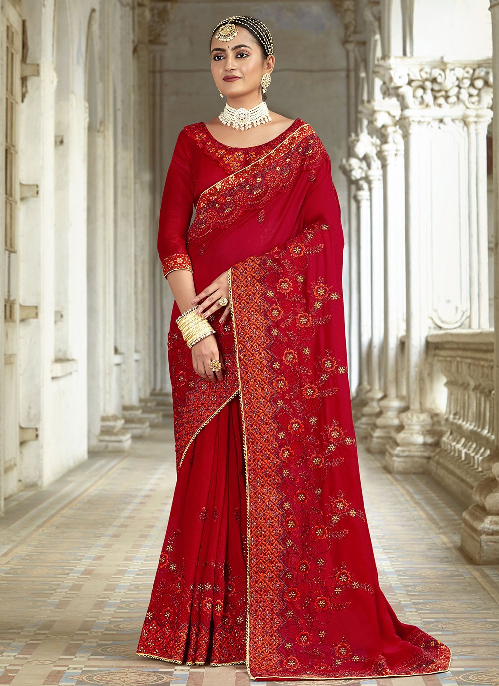 Red Embroidered Art Silk Classic Designer Saree