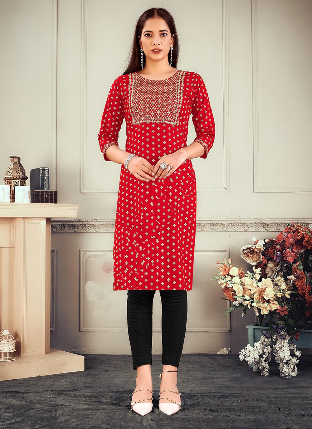 Red Embroidered Casual Kurti