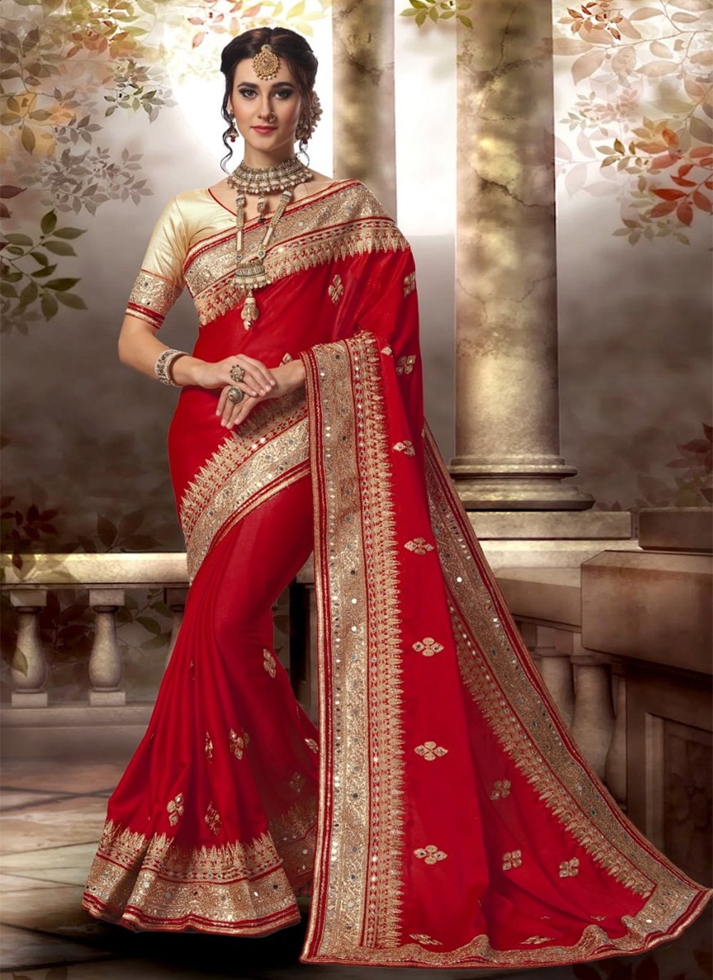 Red Embroidered Ceremonial Classic Designer Saree