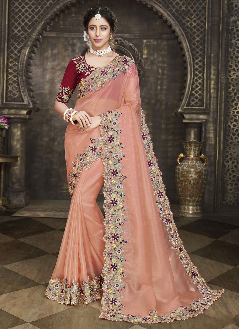 Red Embroidered Contemporary Style Saree