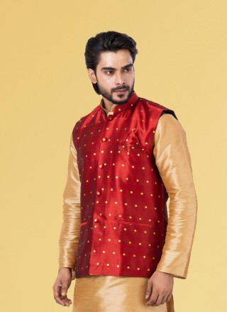 Red Embroidered Festival Nehru Jackets