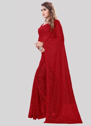 Red Embroidered Net Designer Saree