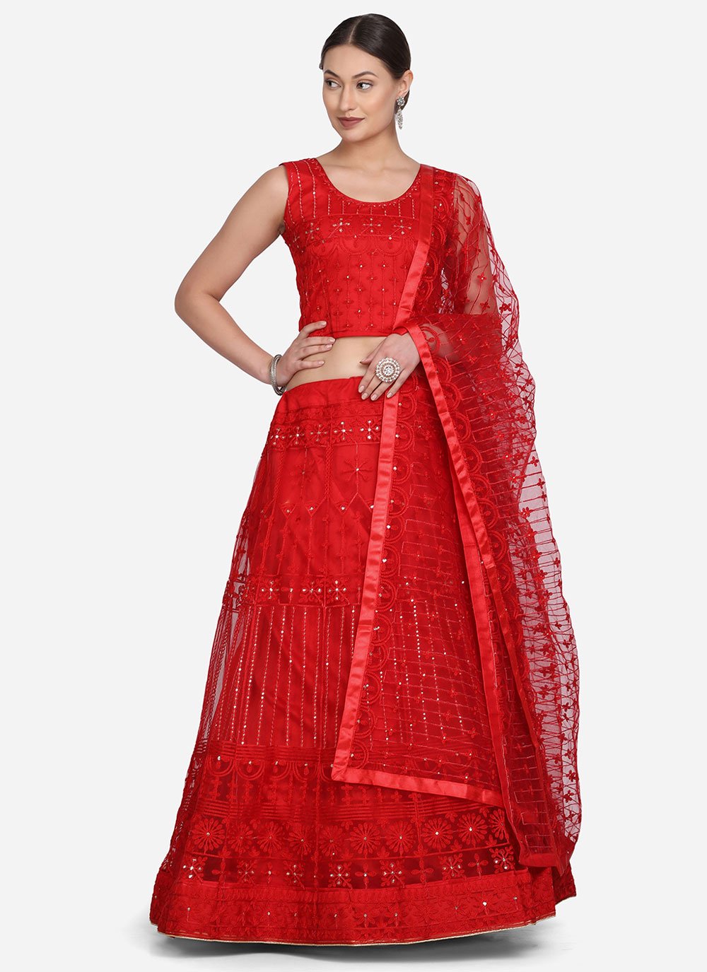 Red Embroidered Net Lehenga Choli