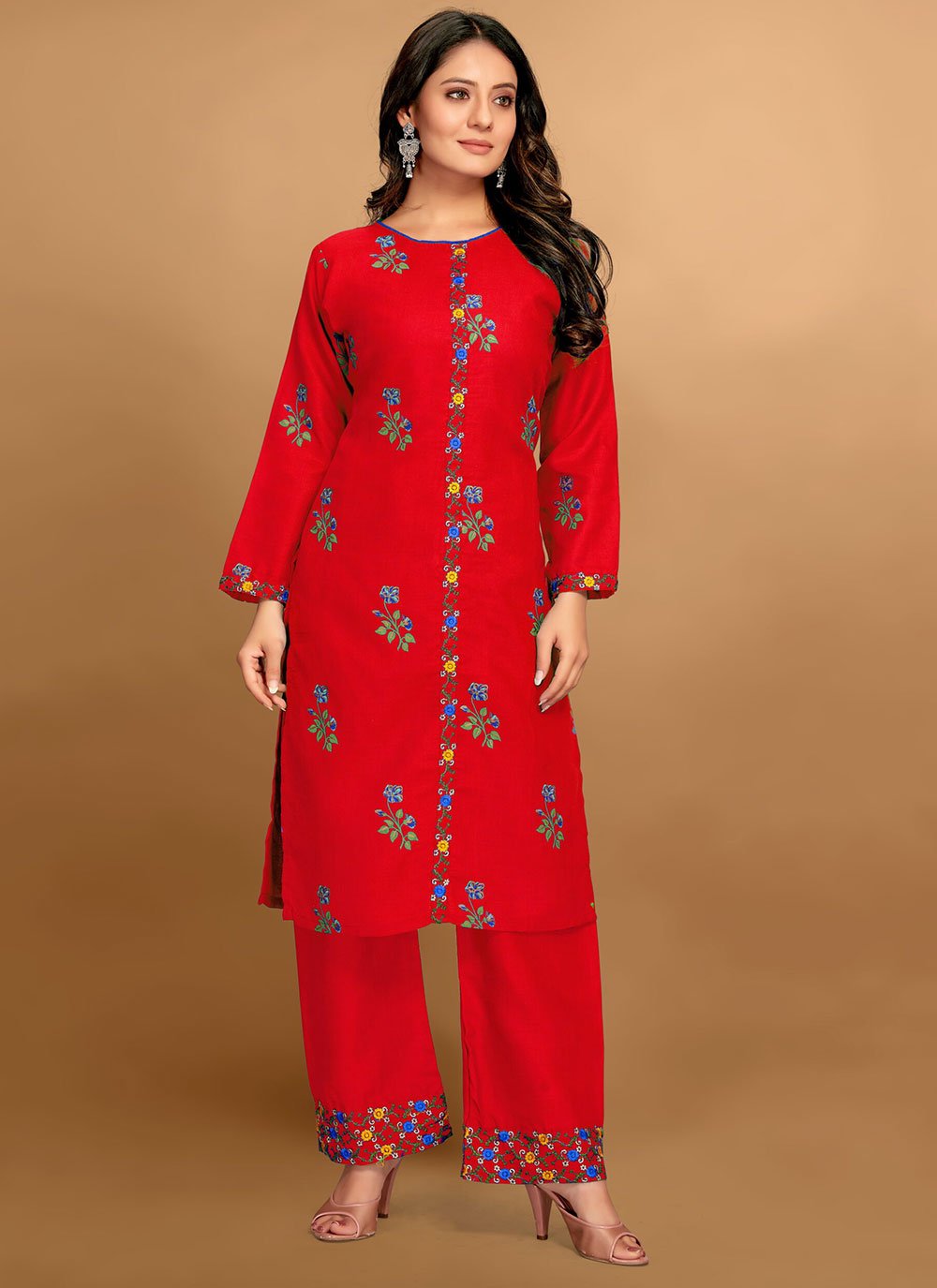 Red Embroidered Rayon Casual Kurti