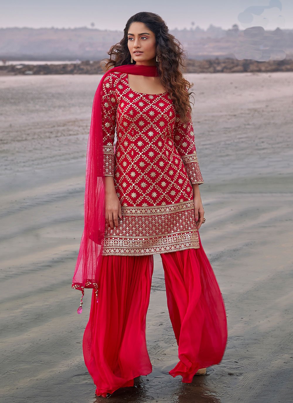 Red Embroidered Readymade Salwar Kameez