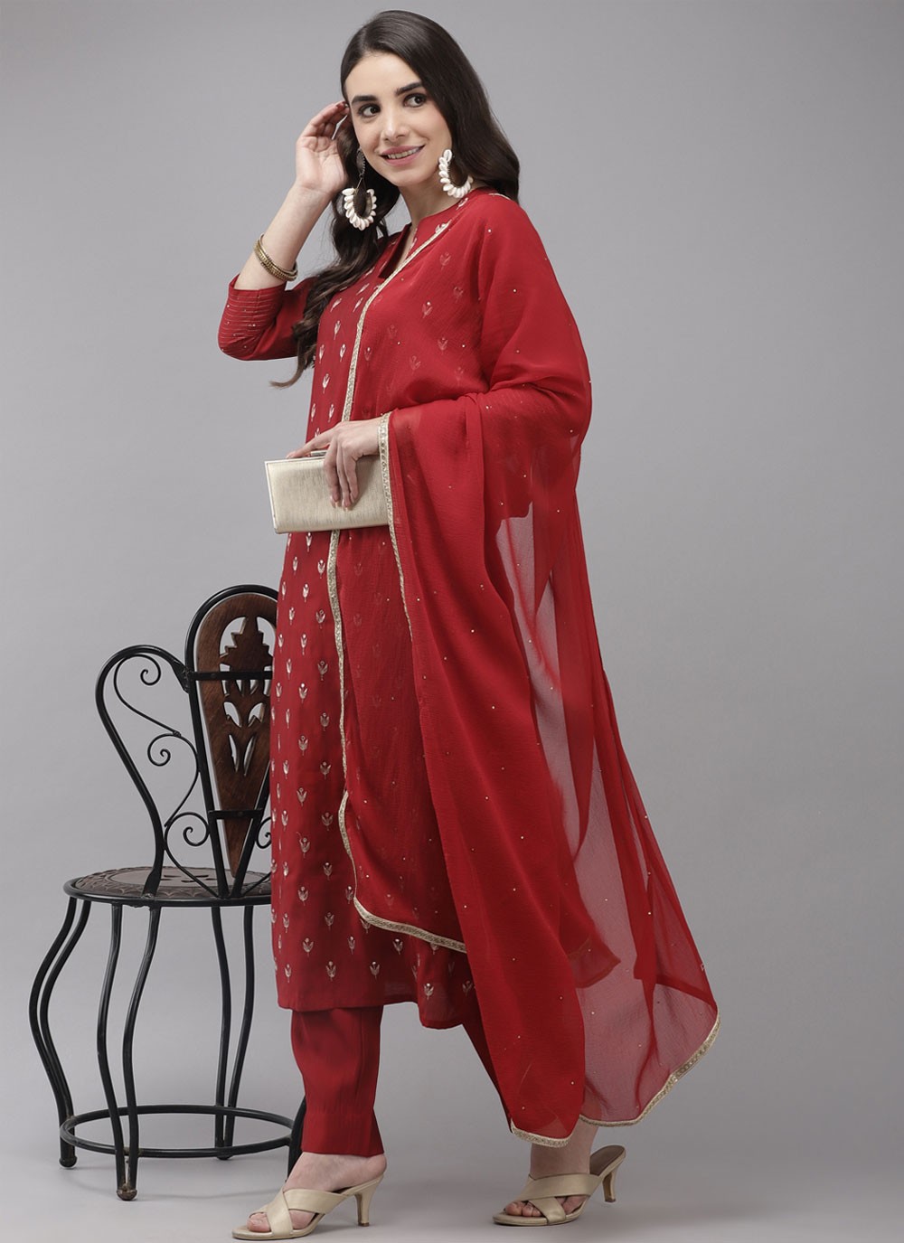 Red Embroidered Silk Blend Pant Style Suit