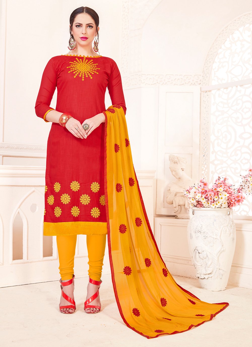 Red Embroidered Straight Salwar Suit