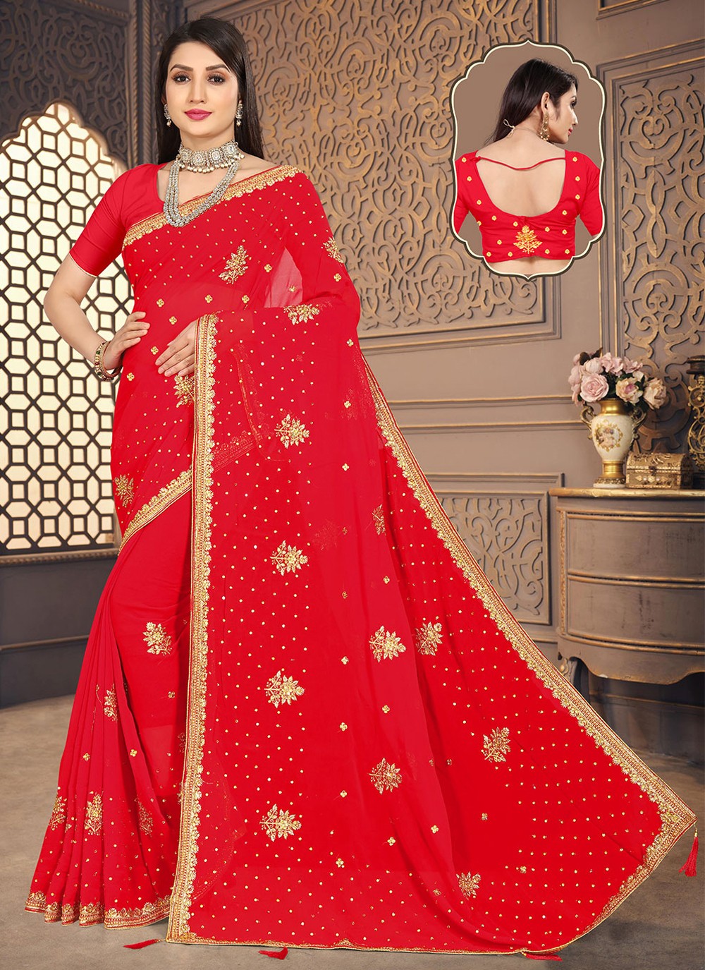 Red Embroidered Trendy Saree