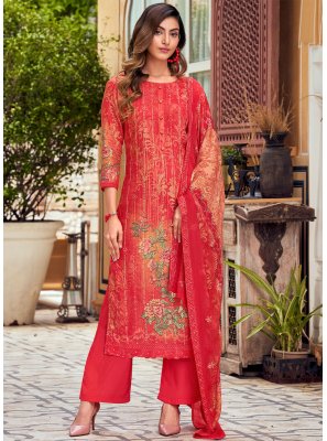 Red Engagement Muslin Salwar Suit